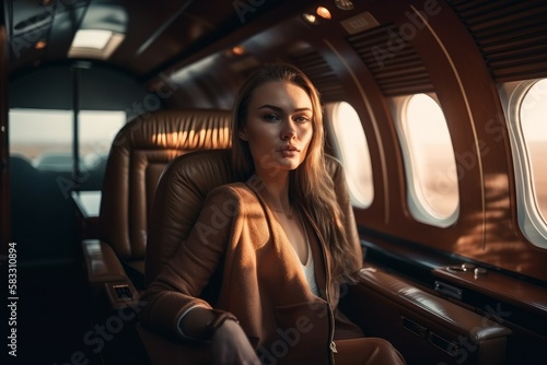 Young business lady in the cabin of a luxury private jet. Travel concept. AI generated, human enhanced