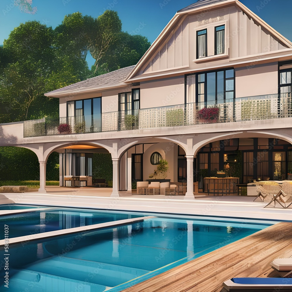 a luxury farmhouse with a swimming pool and a tennis court2, Generative AI