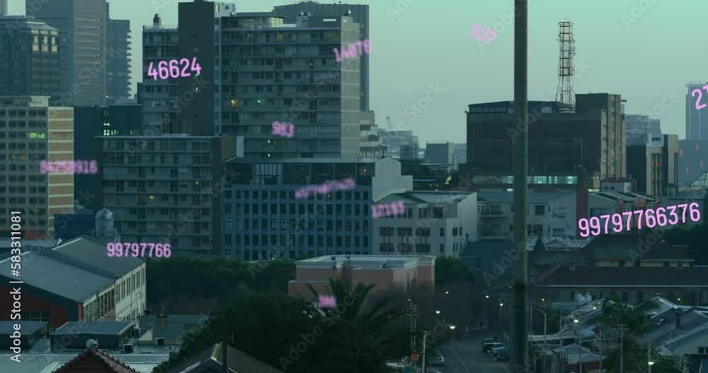Animation of changing numbers over modern buildings in background Animation of changing numbers over modern buildings in background
