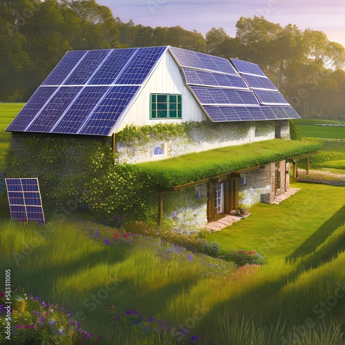 a farmhouse with a green roof and solar panels3, Generative AI