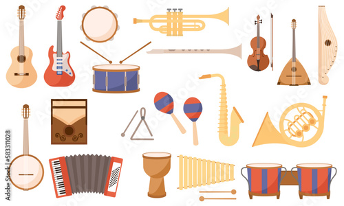 Set of musical instruments. Collection of icons for website. Acoustic and electric guitars, drums, saxophone and trumpet, maracas. Cartoon flat vector illustrations isolated on white background