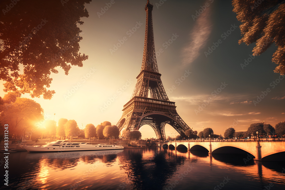 Fototapeta premium Eiffel Tower at sunset in Paris, France. Romantic travel background