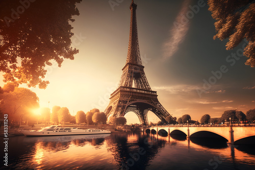 Eiffel Tower at sunset in Paris, France. Romantic travel background © DavidGalih | Dikomo.