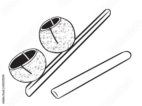 Outline drawing agogo in wood. It is an idiophonic musical instrument made by two gourds nailed to a piece of wood used in Capoeira. Vector illustration isolated on white background.