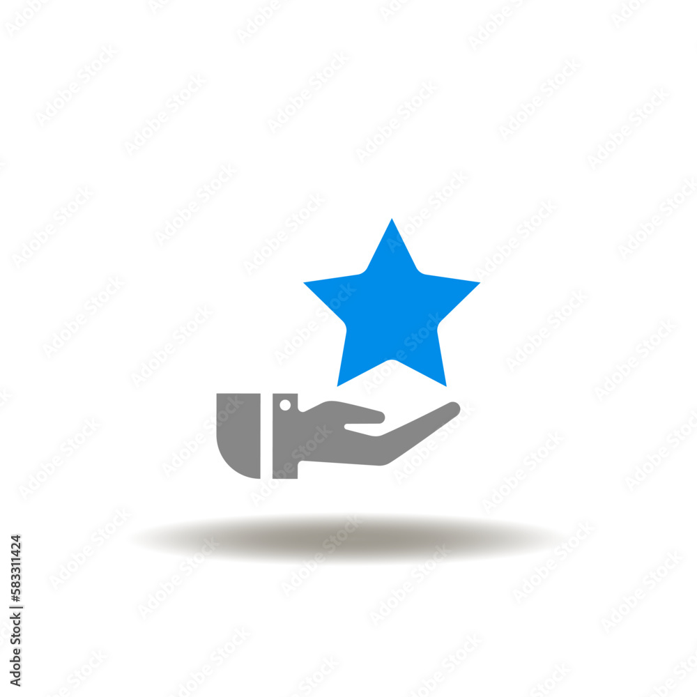 Obraz premium Vector illustration of hand give or hold star. Icon of assessment, rating, feedback. Symbol of extra bonus, reward, gift.