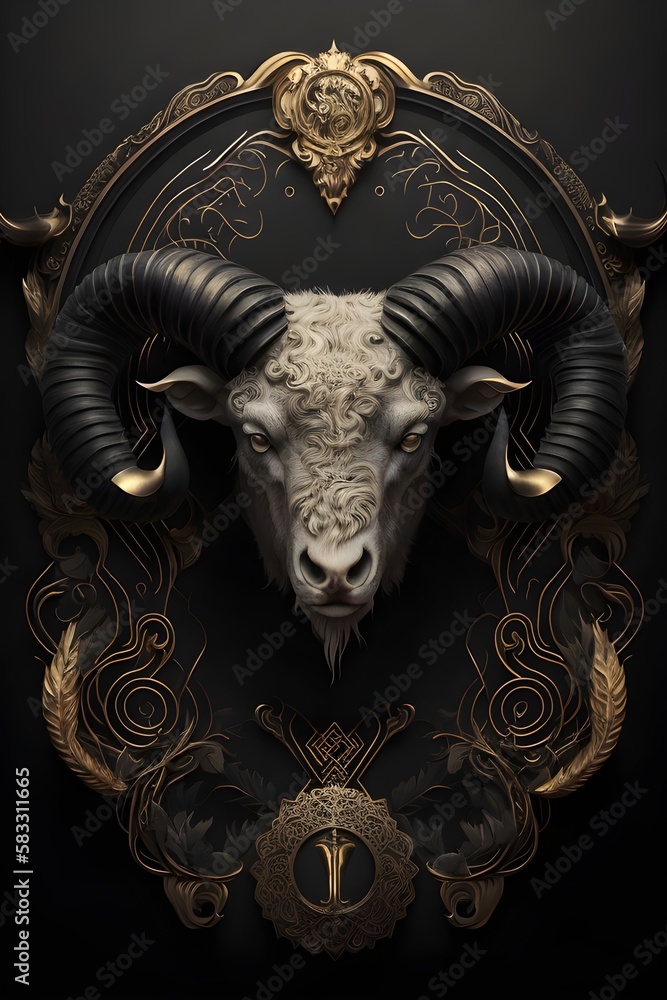 a picture of aries portrait, zodiac sign, gold and black, decorated with gothic lace and precious stones, fantasy generated in artificial intelligence a picture of aries portrait, zodiac sign, gold and black, decorated with gothic lace and precious stones, fantasy generated in artificial intelligence
