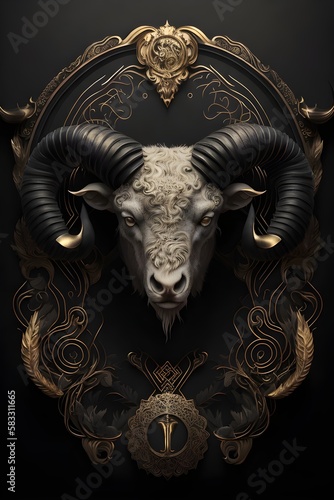 a picture of aries portrait, zodiac sign, gold and black, decorated with gothic lace and precious stones, fantasy generated in artificial intelligence