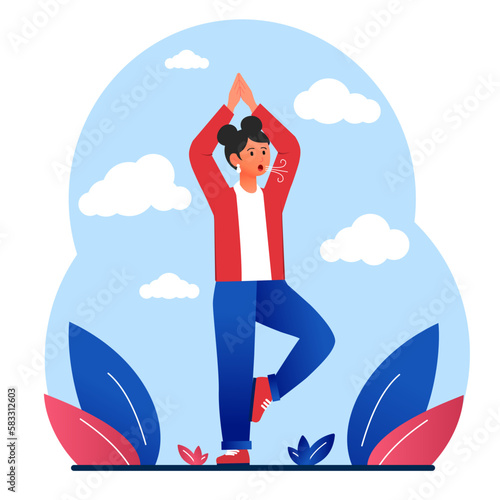 Breathing exercise concept. Woman stands on one leg and does yoga. Meditation and concentration, awareness. Recovery Respiratory system after illness, covid19. Cartoon flat vector illustration