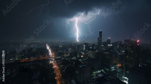 Thunderstorm. Lightning strikes in the city