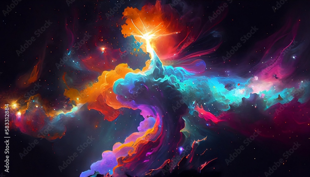 Obraz premium Generative AI, A stunning display of stars and nebulas, swirling together in a kaleidoscope of colors and shapes against a deep, inky black sky.