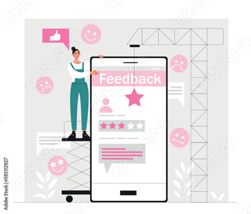 Customer survey concept. Feedback and clients review, ranking and rating. Young woman stands near smartphone with scaffolding, phone with comments and stars. Cartoon flat vector illustration