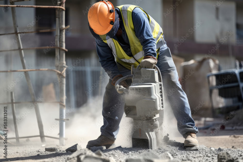 A Construction Worker Using a Jackhammer to Break Concrete in a Demolition Site, generative ai A Construction Worker Using a Jackhammer to Break Concrete in a Demolition Site, generative ai