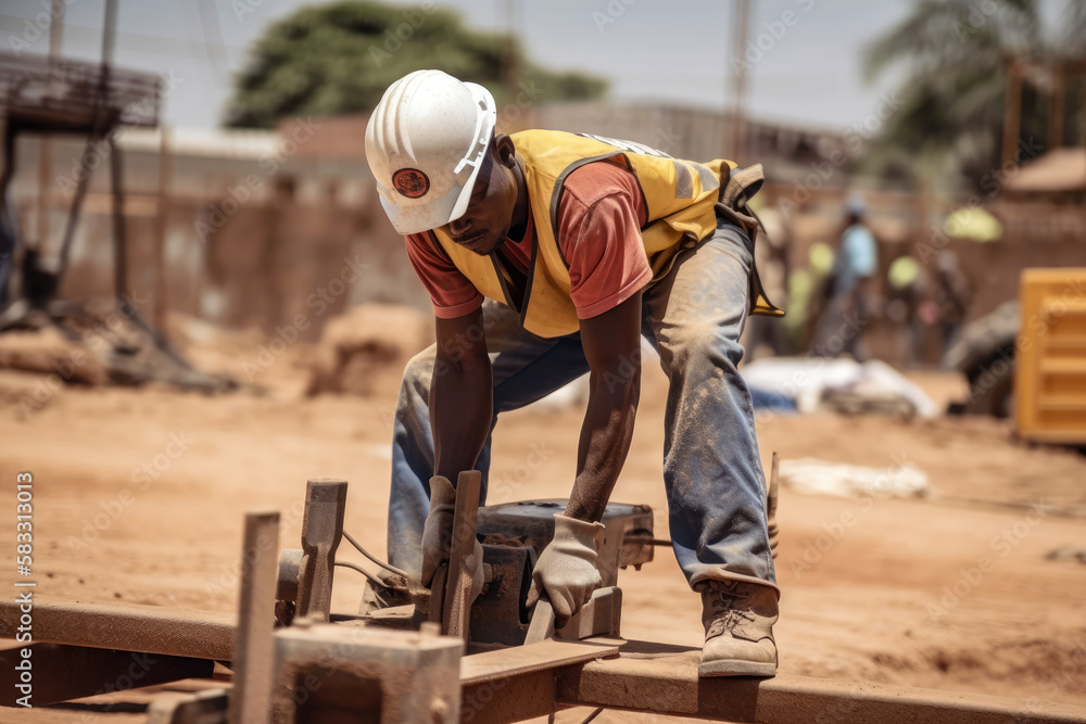 A Construction Worker Using a Jack to Lift Heavy Materials in a Construction Site, generative ai A Construction Worker Using a Jack to Lift Heavy Materials in a Construction Site, generative ai