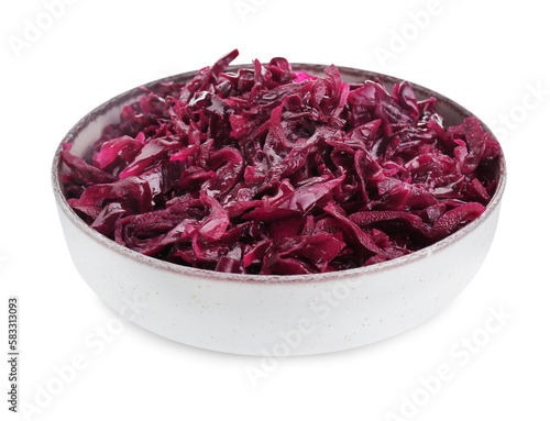 Bowl of tasty red cabbage sauerkraut isolated on white