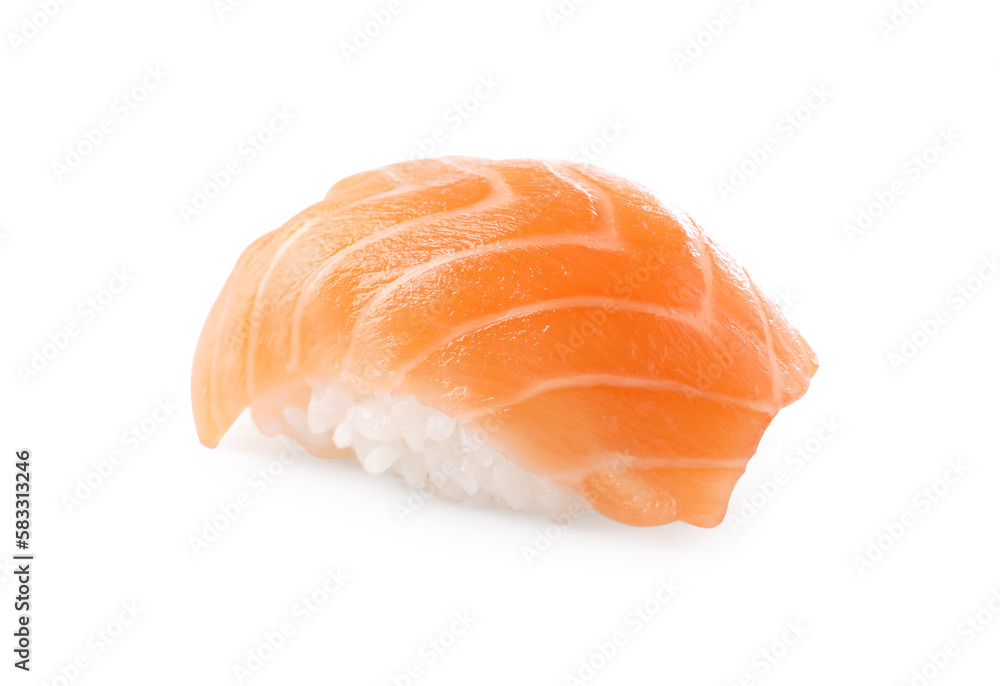 Delicious nigiri sushi with salmon isolated on white Delicious nigiri sushi with salmon isolated on white
