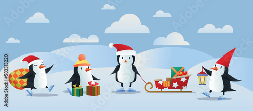 Christmas penguins set. Collection of New Year characters with gift wrappings and sleigh. Present and surprise for winter holiday. Design element for greeting card. Cartoon flat vector illustration