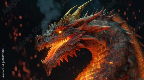 An immense and powerful dragon breathing fire. digital art illustration, Generative AI © Artcuboy