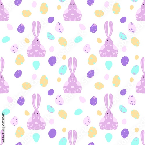 seamless pattern featuring a pink rabbit and colorful Easter eggs