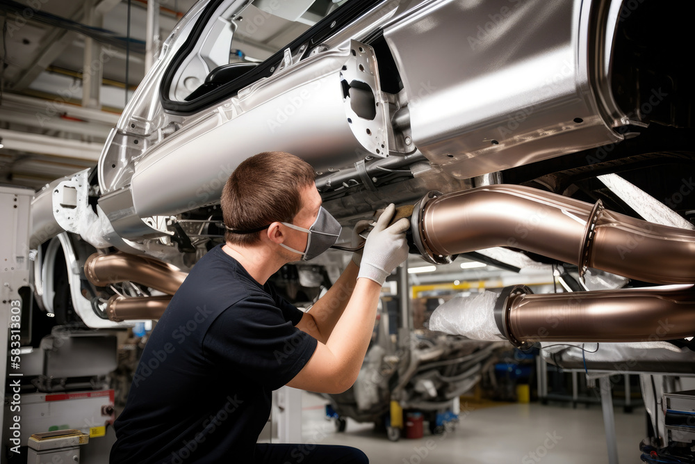 A Worker Installing a Car Exhaust System on the Assembly Line, generative ai A Worker Installing a Car Exhaust System on the Assembly Line, generative ai