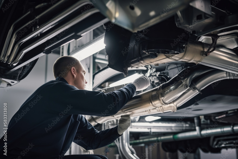 A Worker Installing a Car Exhaust System on the Assembly Line, generative ai A Worker Installing a Car Exhaust System on the Assembly Line, generative ai