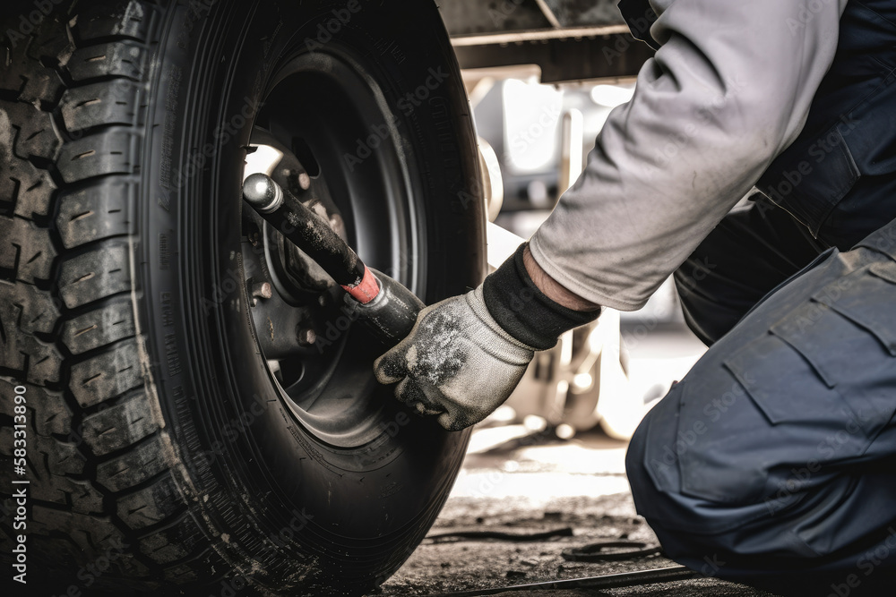 A Worker Using a Pneumatic Wrench to Remove Car Tires, generative ai A Worker Using a Pneumatic Wrench to Remove Car Tires, generative ai