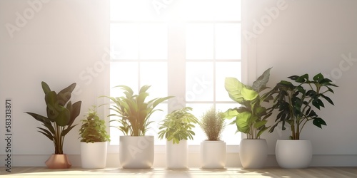 House plants against white wall mockup, group of fresh green home plants, creates healthy microclimate, air purifying, generative ai image © inspiretta