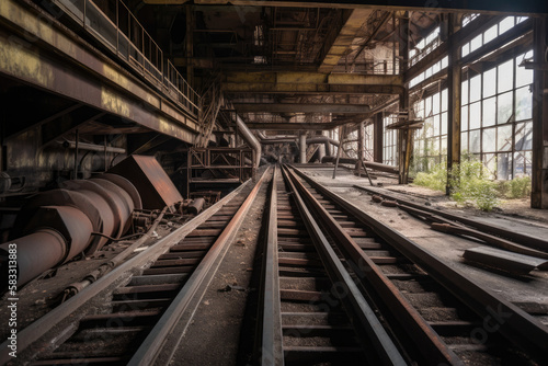 Abandoned Industrial Site with Conveyor Belts and Rusty Machinery, generative ai