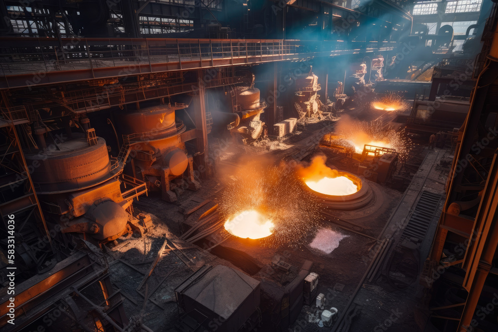 Aerial view of a massive steel mill, with molten metal being poured into molds, sparks flying, and heavy machinery at work, generative ai