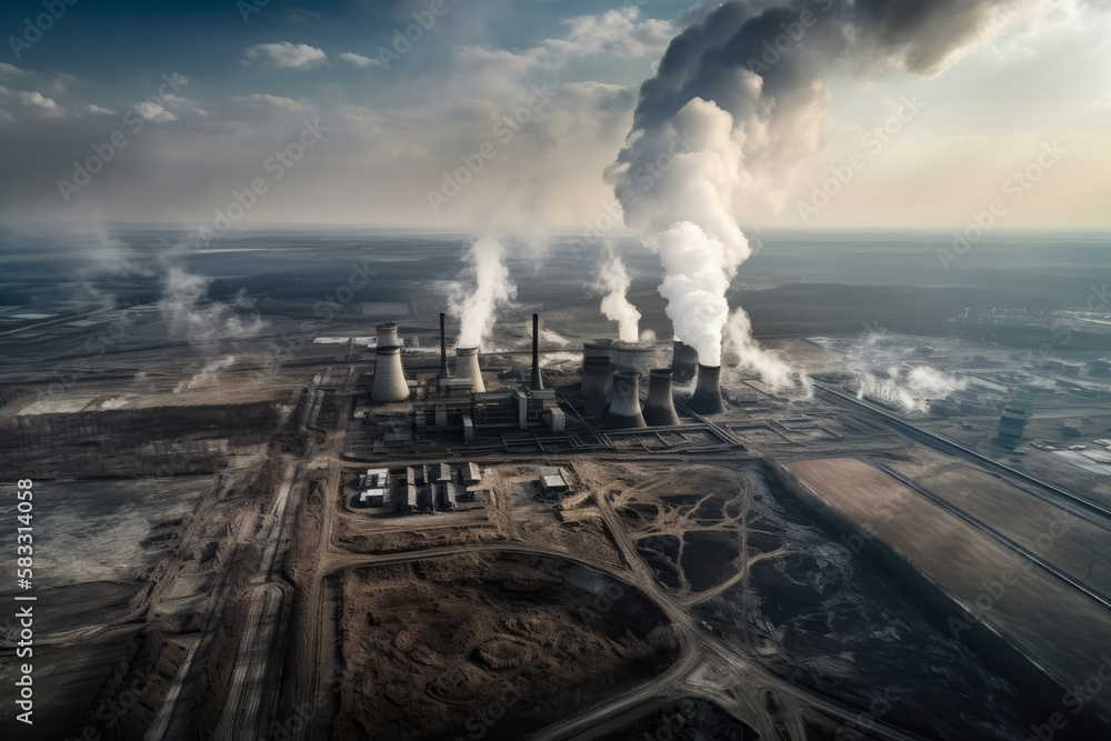 Aerial view of a sprawling coal-fired power plant, surrounded by a barren landscape, with thick plumes of smoke pouring into the sky, generative ai