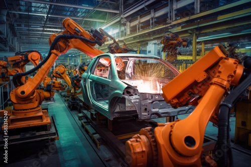 Automotive welding factory with robotic arms and workers in safety gear assembling car frames, joining body panels, generative ai
