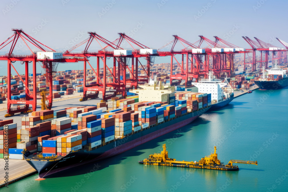 Busy shipping port with cargo containers being loaded onto massive freight ships by cranes, generative ai