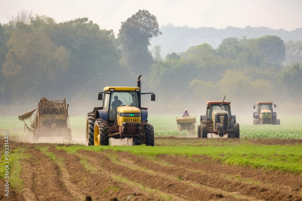 Fototapeta premium Busy agricultural scene with tractors and farm workers harvesting crops in a vast farmland, generative ai