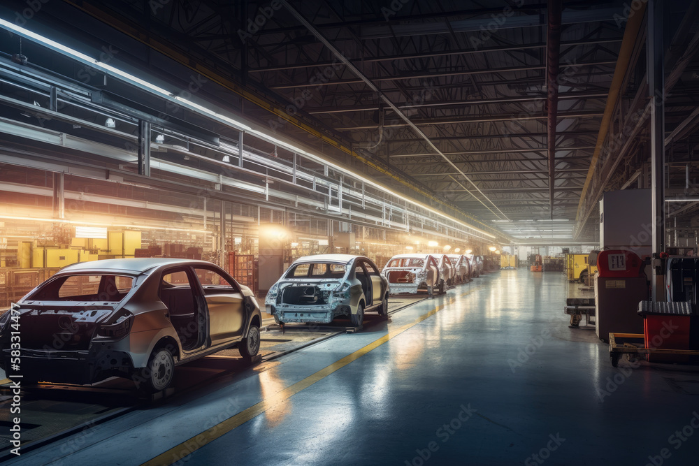 car manufacturing plant during a shift change, with warm light creating a sense of camaraderie, generative ai car manufacturing plant during a shift change, with warm light creating a sense of camaraderie, generative ai