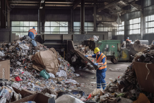 Busy urban recycling center with workers sorting and processing various materials for reuse, generative ai