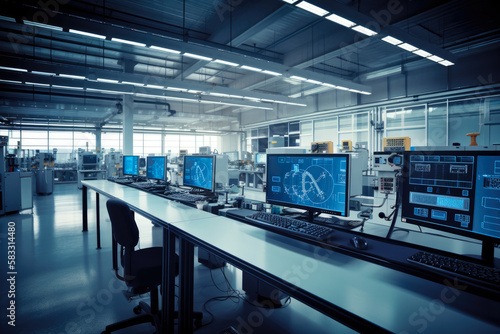 Car manufacturing plant control room bathed in warm light  displaying advanced technology and monitoring systems  generative ai
