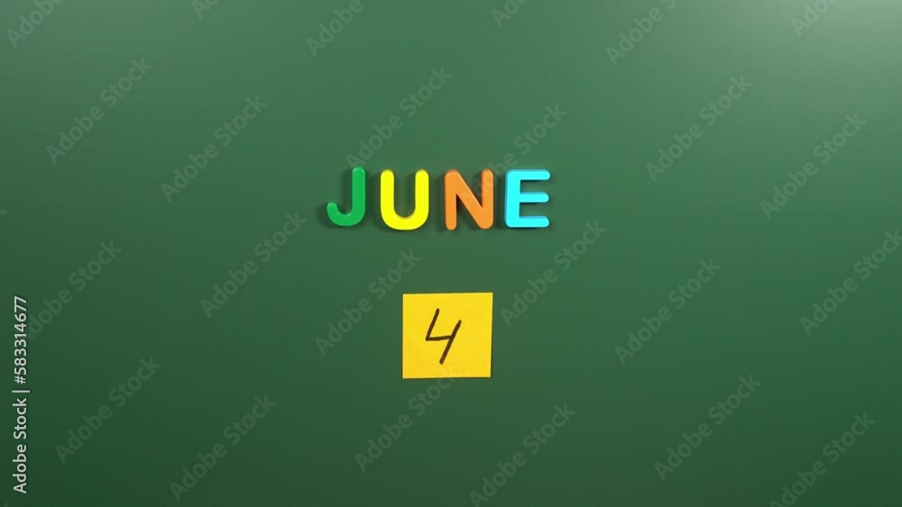Hand sticking a sticker 4 June calendar day on school board. 4 date of June. Fourth day of June. 4th date number. 4 day calendar. Four date. National Cognac, innocent children victims of aggression Hand sticking a sticker 4 June calendar day on school board. 4 date of June. Fourth day of June. 4th date number. 4 day calendar. Four date. National Cognac, innocent children victims of aggression