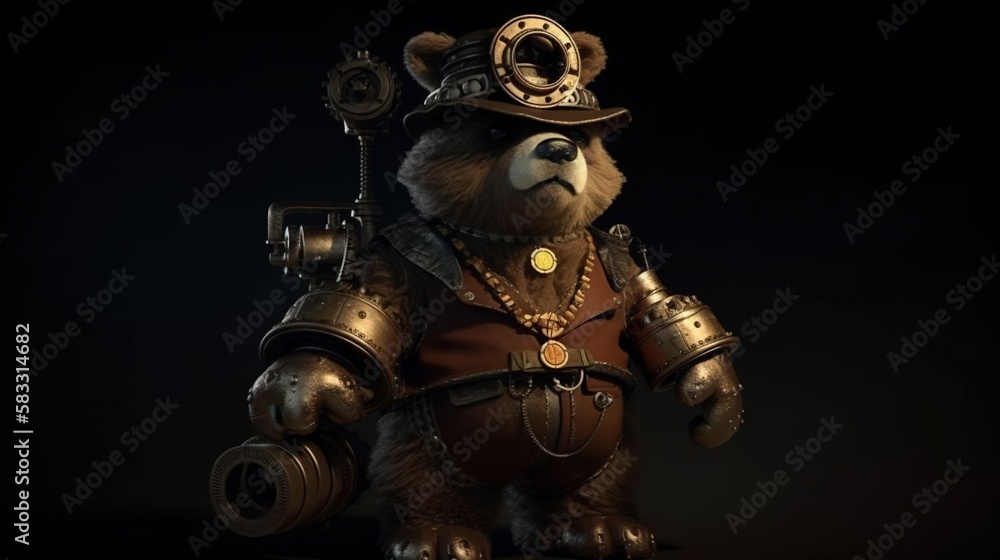 Fototapeta premium A Bear dressed in Steampunk style with gears and cogs, goggles, and Victorian clothing. digital art illustration, Generative AI