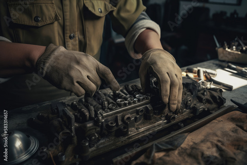 Close-up of a mechanic's hands in work clothes repairing an engine, with various tools and spare parts on the table, generative ai