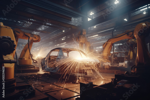 Cinematic view of a car manufacturing plant, with sparks flying from welding robots and warm lighting, generative ai
