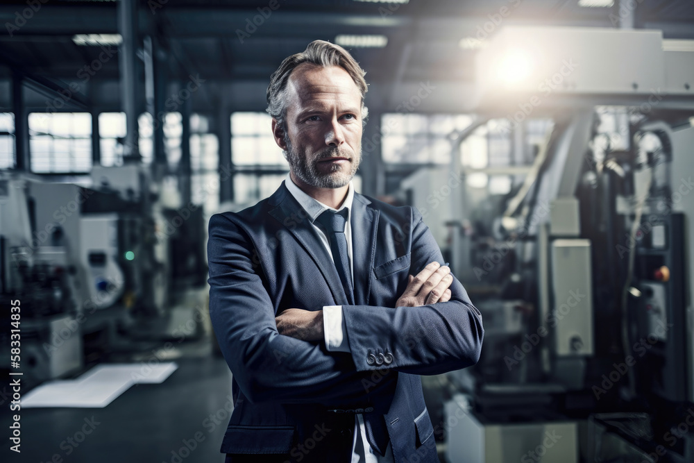 Confident businessman standing against a backdrop of advanced machinery in a manufacturing facility, contemplating his next move, generative ai Confident businessman standing against a backdrop of advanced machinery in a manufacturing facility, contemplating his next move, generative ai
