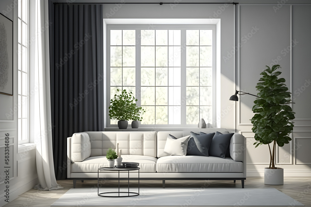 Beautiful modern room interior. bright and tidy style. A sofa next to a huge window with a wall in the backdrop Beautiful modern room interior. bright and tidy style. A sofa next to a huge window with a wall in the backdrop