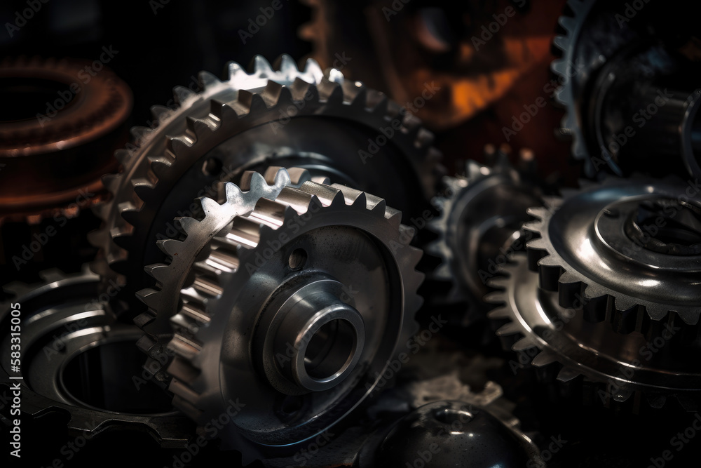 Contrasting image of shiny new gear wheels against a worn-out, dark industrial background, representing innovation and progress, generative ai Contrasting image of shiny new gear wheels against a worn-out, dark industrial background, representing innovation and progress, generative ai