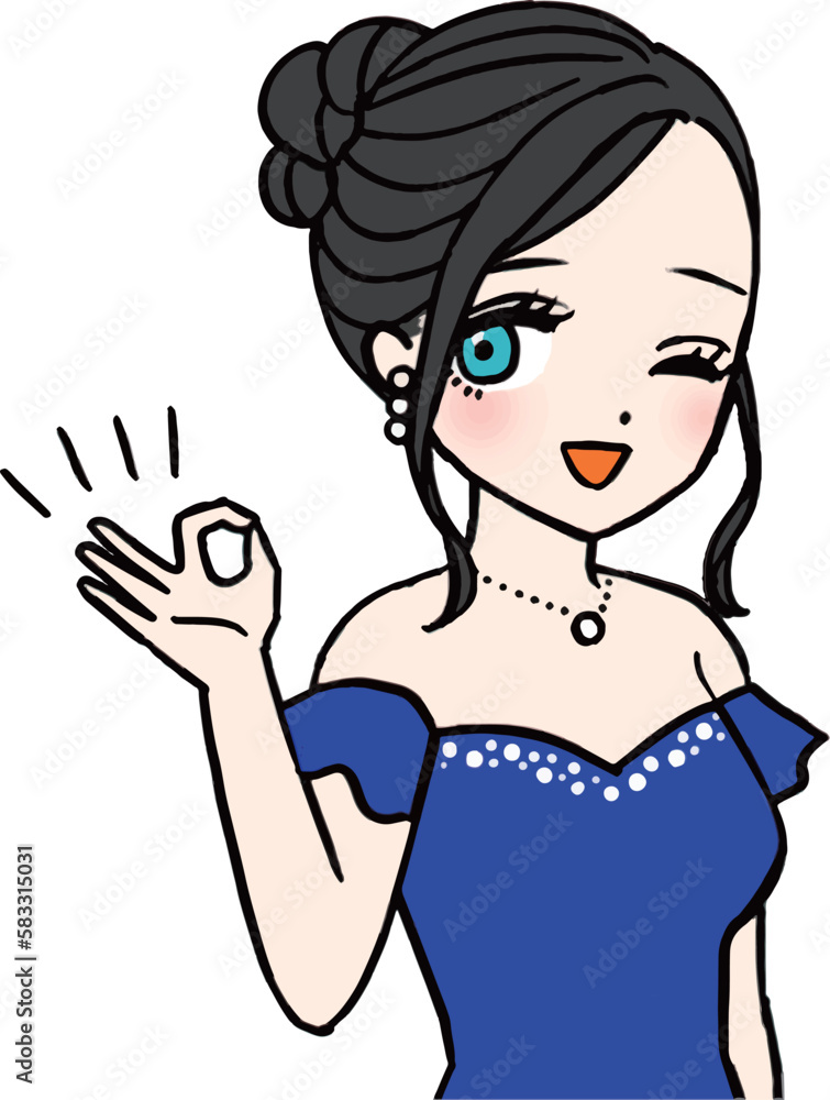 OKサインを出す青いドレスのキャバ嬢 OKサインを出す青いドレスのキャバ嬢