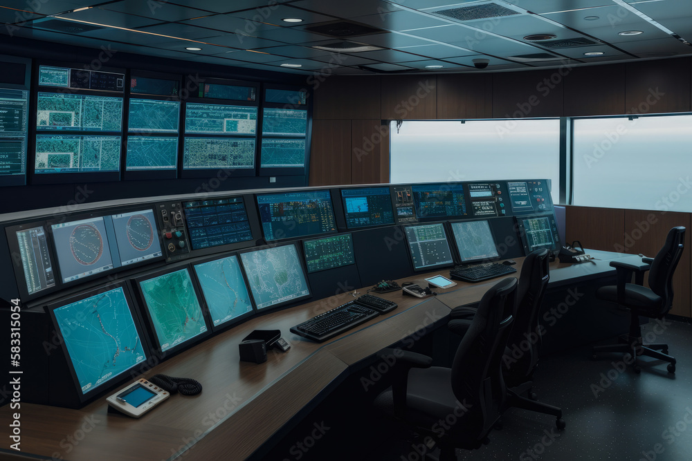 control room with monitors displaying real-time data from oil drilling operations offshore, generative ai control room with monitors displaying real-time data from oil drilling operations offshore, generative ai