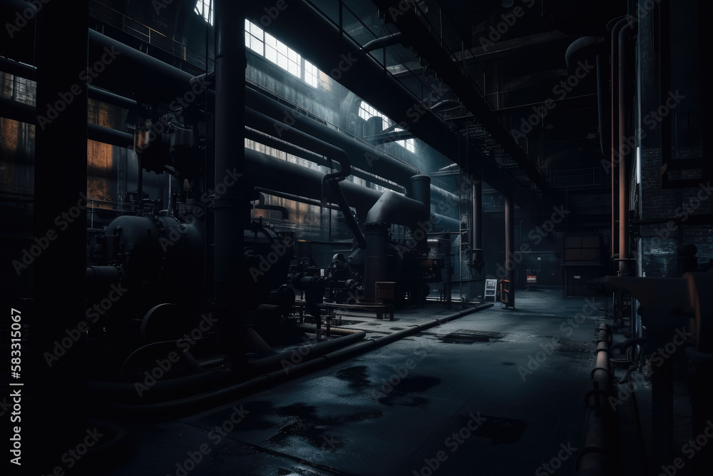 Dark and Moody Industrial Warehouse with Steam Pipes and Heavy Machinery, generative ai Dark and Moody Industrial Warehouse with Steam Pipes and Heavy Machinery, generative ai