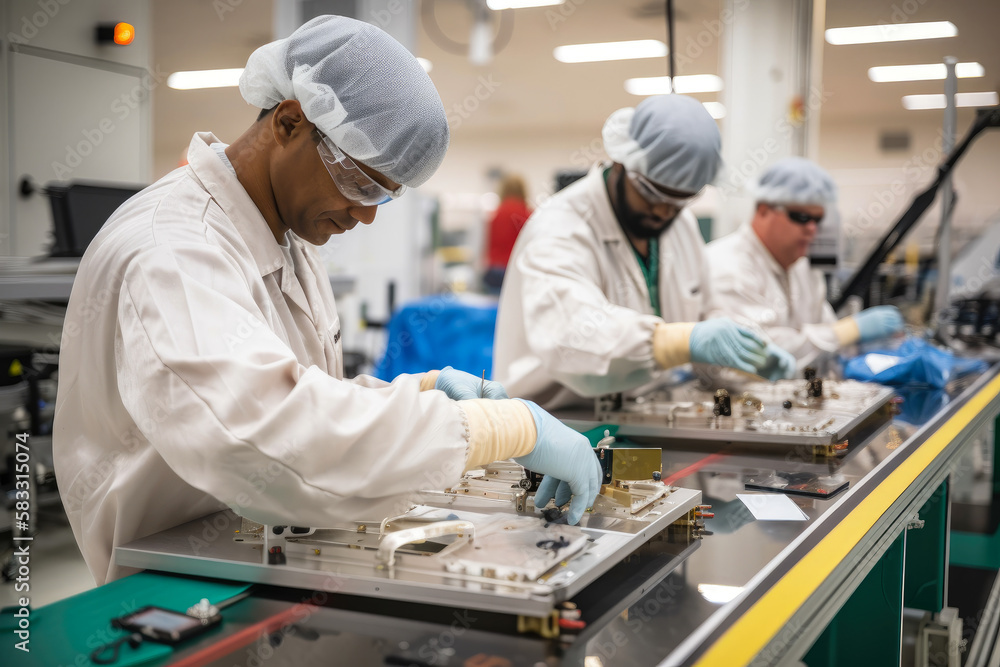 Dedicated workers in an aerospace manufacturing plant, assembling components for a satellite, generative ai Dedicated workers in an aerospace manufacturing plant, assembling components for a satellite, generative ai