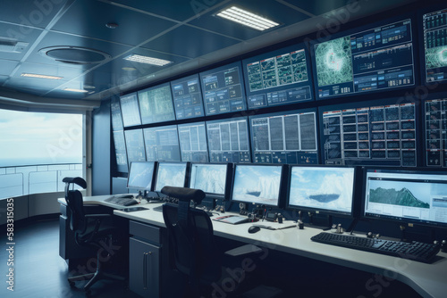 control room with monitors displaying real-time data from oil drilling operations offshore, generative ai