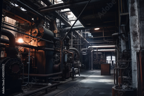 Dark and Moody Industrial Warehouse with Steam Pipes and Heavy Machinery  generative ai