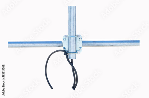 Nuts clamp aluminum cable duct electric wire small like cross isolated on white background. Fixing screws electric pole for to help pull, support from falling in wind. Concept nuts safety fastening.