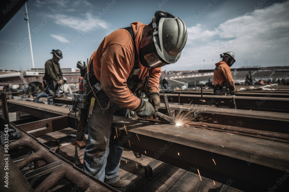 Expert Welders Joining Steel Sections for a Large-Scale Sports Stadium Construction, generative ai Expert Welders Joining Steel Sections for a Large-Scale Sports Stadium Construction, generative ai